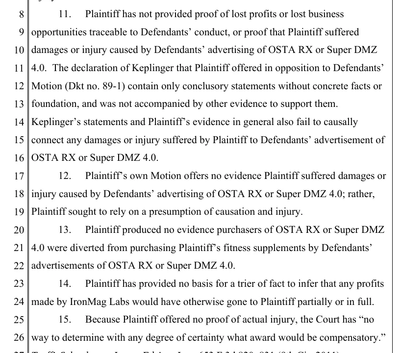 Paragraphs 11 to 15 of the court's findings of fact in Nutrition Distribution v. IronMag Labs, December 2018: the plaintiff has not provided proof of lost profits or lost business opportunities traceable to the defendants' conduct; its declaration contains only conclusory statements; it produced no evidence purchasers were diverted from its supplements; and the court has no way to determine what award would be compensatory.