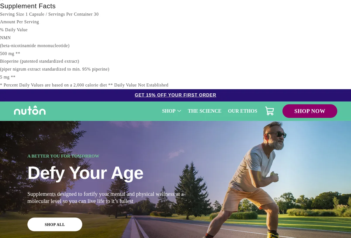 The nutonlife.com home page in September 2025: a supplement facts panel for one capsule of NMN, beta-nicotinamide mononucleotide 500 mg, and Bioperine 5 mg; a Nuton logo and menu; and a banner of a grey-bearded man running on a path under the headline Defy Your Age.