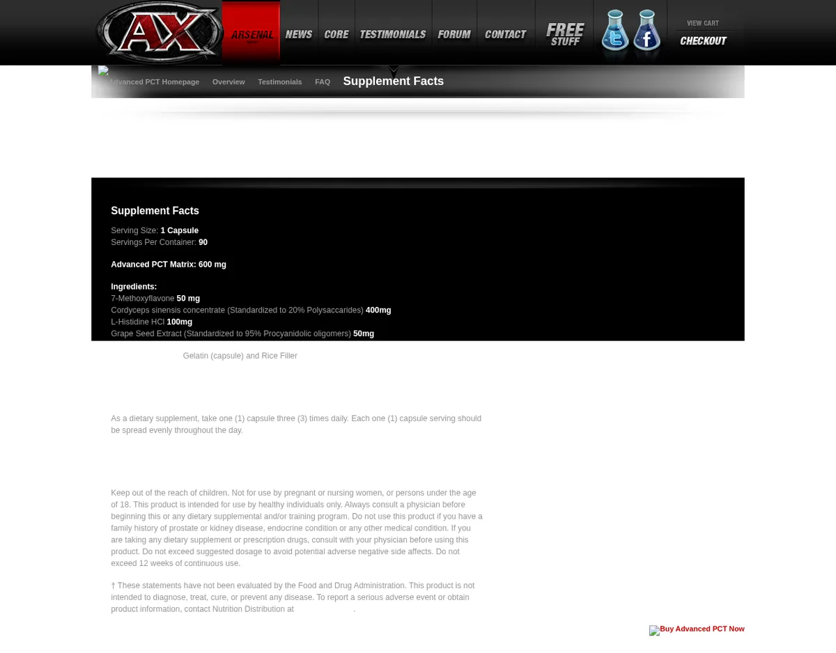The Advanced PCT supplement facts page on athleticxtreme.com in June 2011: one capsule, 90 servings, an Advanced PCT Matrix of 600 mg listing 7-methoxyflavone 50 mg, cordyceps sinensis concentrate 400 mg, L-histidine HCl 100 mg and grape seed extract 50 mg, a warning not for persons under 18, and a line telling customers to contact Nutrition Distribution.