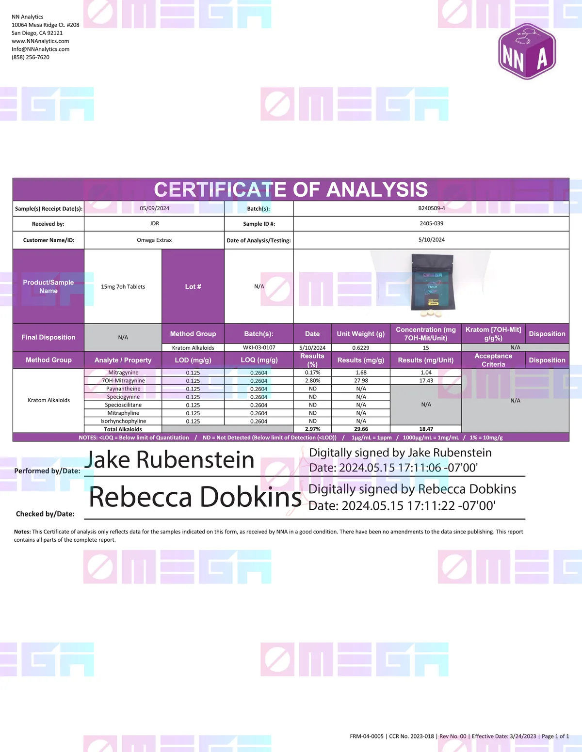 A certificate of analysis from NN Analytics, San Diego, overlaid with faint OMEGA watermarks: customer Omega Extrax, product 15mg 7oh Tablets, received 05/09/2024, a photo of the black lemon pouch; 7OH-Mitragynine 17.43 mg per unit, mitragynine 1.04 mg, total alkaloids 18.47 mg; kratom alkaloids only.