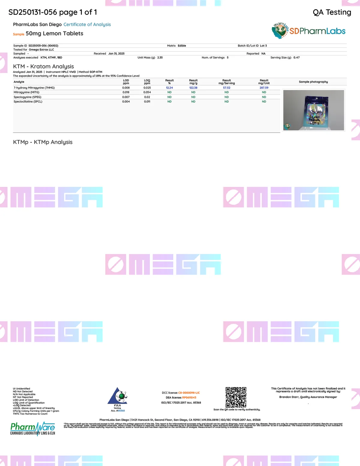 A PharmLabs San Diego certificate for 50mg Lemon Tablets, lot 3, tested for Omega Extrax LLC, received Jan 31 2025, Reported NA; 7-hydroxy mitragynine 57.52 mg per serving; a photo of a holographic bag hand-labelled 50mg Lemon Tablets Lot 3; at the foot, This Certificate of Analysis has not been finalized and it represents a draft until electronically signed.