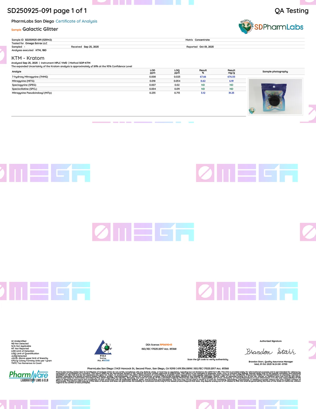 A PharmLabs San Diego certificate for Galactic Glitter, matrix concentrate, tested for Omega Extrax LLC, received Sep 25 2025, reported Oct 1 2025: 7-hydroxy mitragynine 67.66 per cent, mitragynine 0.62 per cent, mitragynine pseudoindoxyl 3.12 per cent; analyses executed KTM and 1BD only.