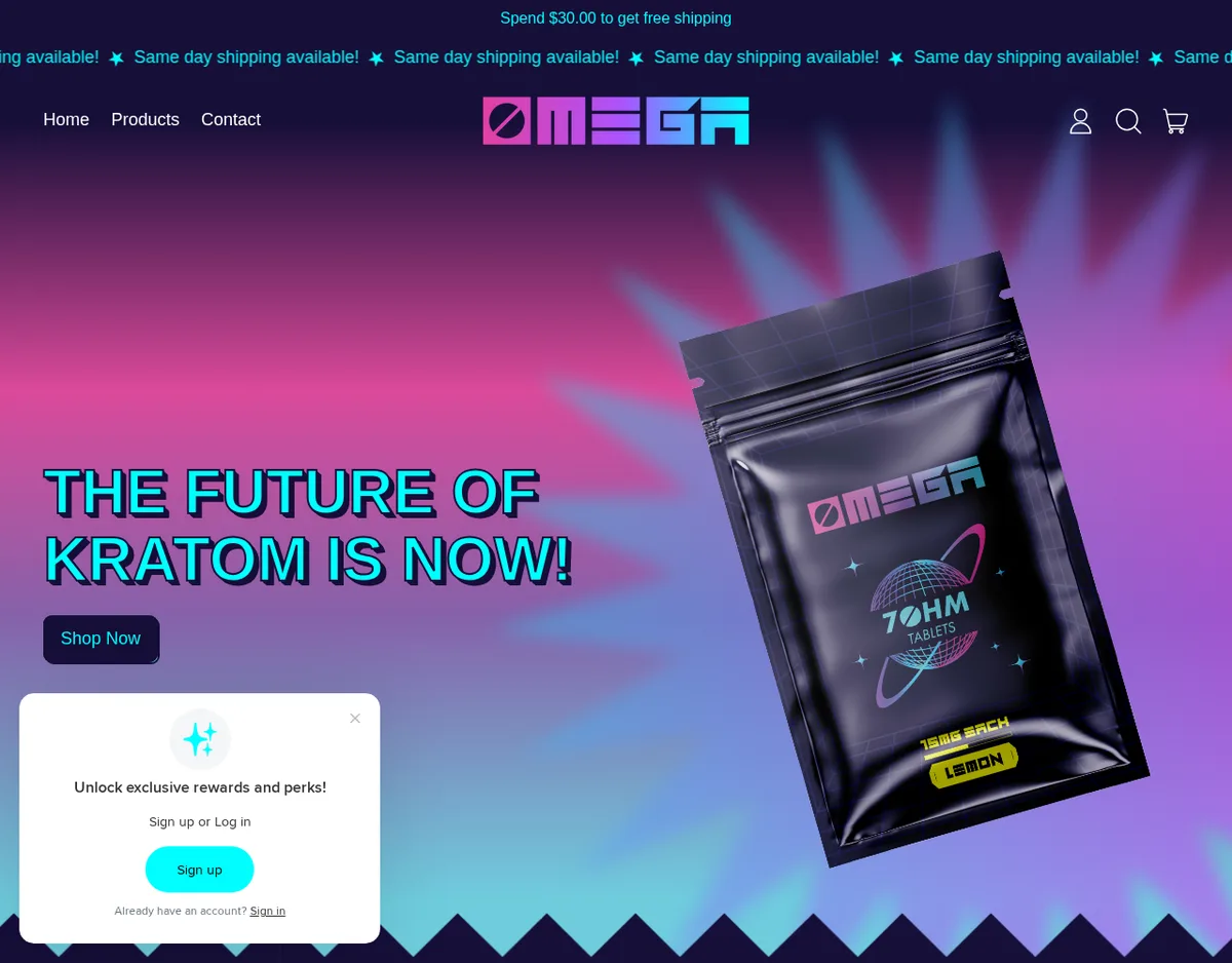 The omegaextrax.com home page in June 2024: a pink and blue OMEGA logo, a banner reading Same day shipping available, the headline THE FUTURE OF KRATOM IS NOW! and a black foil pouch labelled 7OHM Tablets, 15mg each, Lemon; a rewards sign-up box at the lower left.
