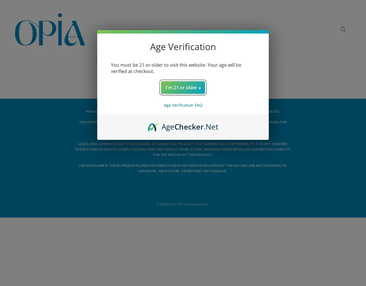 The Opia home page in September 2025 under an AgeChecker.Net box: no products, only a footer of warnings and disclaimers and the line 2025 Opia. All rights reserved.