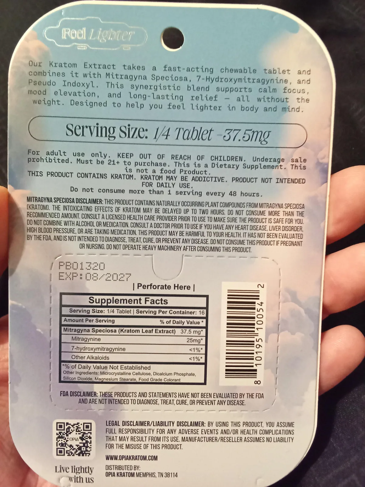 The back of an Opia Kratom Extract card: a blurb saying the extract combines Mitragyna speciosa, 7-Hydroxymitragynine and Pseudo Indoxyl, serving size one quarter tablet 37.5 mg, This is a Dietary Supplement, Supplement Facts with mitragynine 25 mg, 7-hydroxymitragynine under 1 per cent, and Distributed by Opia Kratom, Memphis, TN 38114.