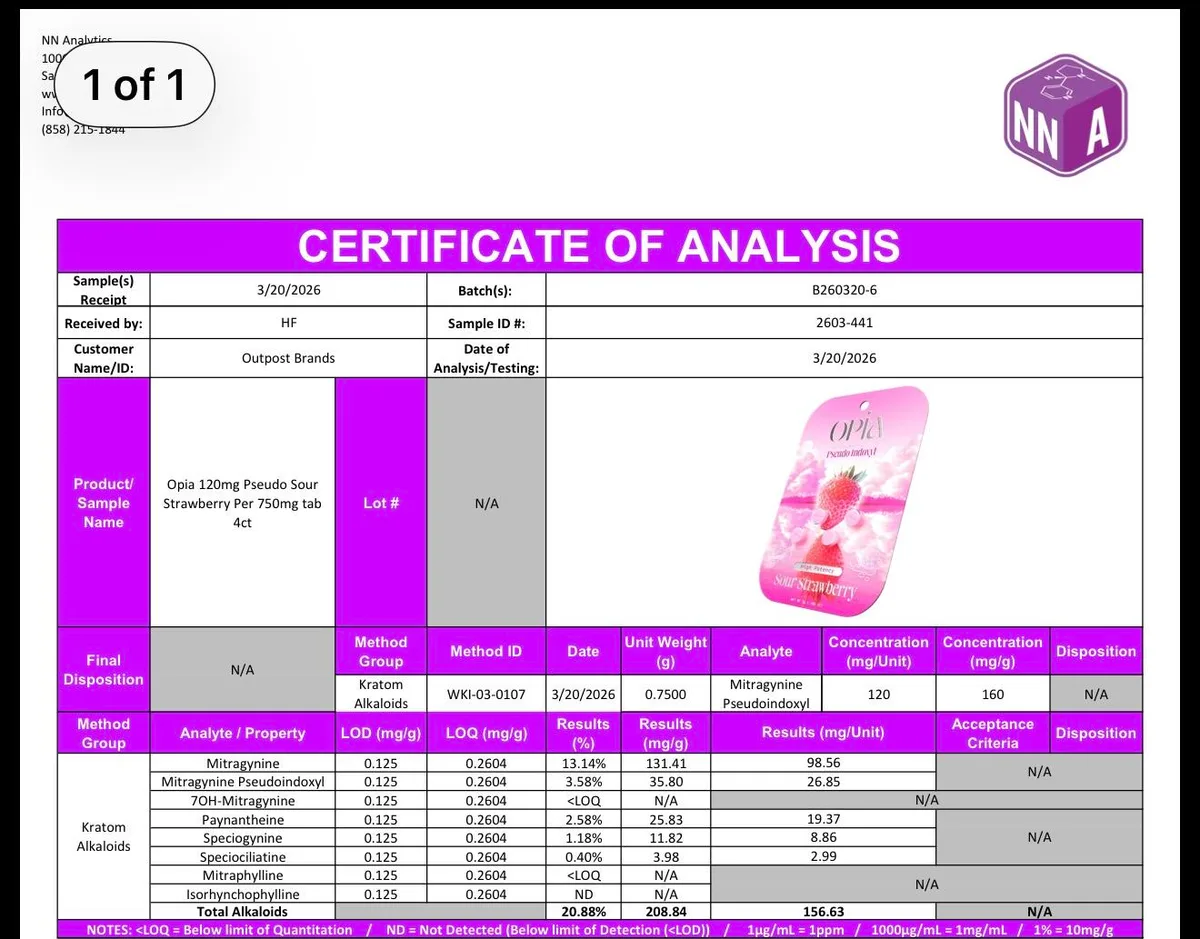 An NN Analytics certificate of analysis for customer Outpost Brands, received 3/20/2026: Opia 120mg Pseudo Sour Strawberry per 750mg tab 4ct, claim mitragynine pseudoindoxyl 120 mg per unit; results per unit mitragynine 98.56 mg, mitragynine pseudoindoxyl 26.85 mg, 7-OH below quantitation, total alkaloids 156.63 mg.