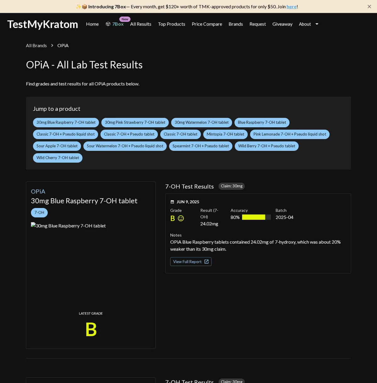 The TestMyKratom brand page for OPiA, archived December 2025: a list of fifteen tested products from 30mg Blue Raspberry 7-OH tablet to Wild Cherry 7-OH tablet, and the first result card, grade B, 24.02 mg against a 30 mg claim, accuracy 80 per cent.