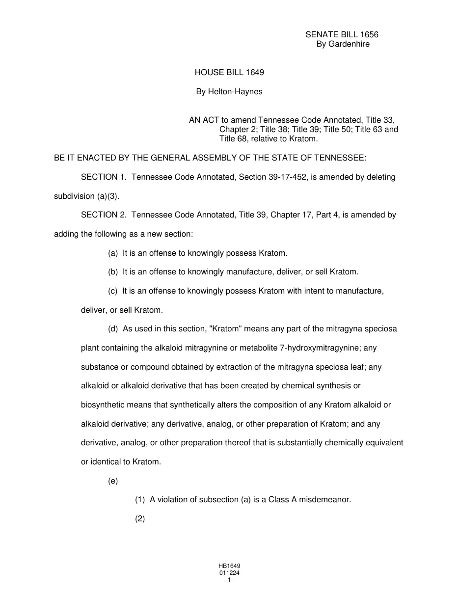 Page 1 of Tennessee House Bill 1649: it is an offense to knowingly possess, or manufacture, deliver or sell, kratom, and the definition of kratom, including any alkaloid derivative created by chemical synthesis or biosynthetic means.