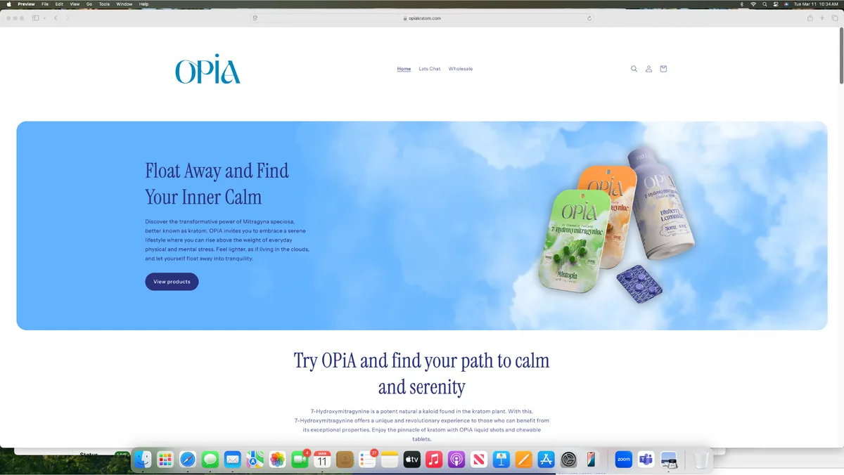 A screenshot of opiakratom.com in a desktop browser, dated Tue Mar 11 in the menu bar: the OPiA logo, links for Home, Lets Chat and Wholesale, the banner Float Away and Find Your Inner Calm with a green Mintopia 7-Hydroxymitragynine card, an orange card and a Bluberry Lemonade bottle, and below it Try OPiA and find your path to calm and serenity.