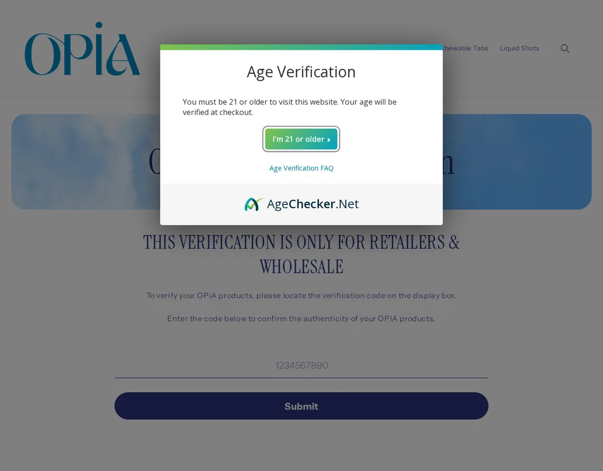 The Opia product verification page in May 2025, under an AgeChecker.Net box reading You must be 21 or older to visit this website. Your age will be verified at checkout. Below it: This verification is only for retailers and wholesale, and a box for a code from the display box.