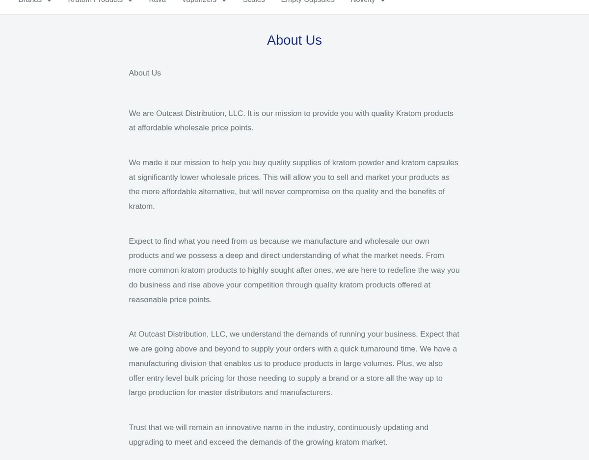 The About Us page in February 2023: 'We are Outcast Distribution, LLC', a mission of quality kratom at wholesale price points, and paragraphs saying the company manufactures and wholesales its own products and has a manufacturing division for large volumes.