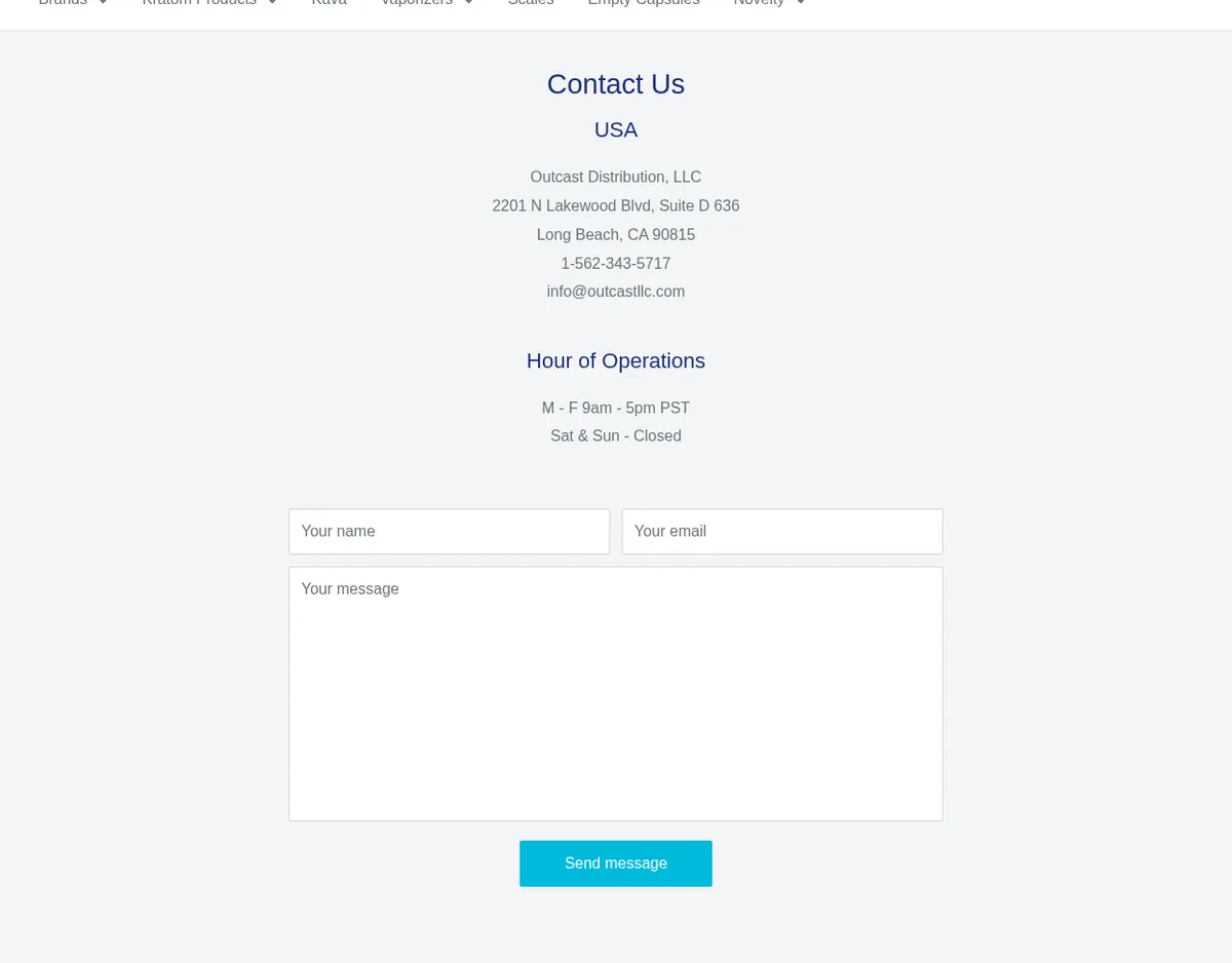 The Contact Us page in February 2023: USA, Outcast Distribution, LLC, 2201 N Lakewood Blvd, Suite D 636, Long Beach, CA 90815, 1-562-343-5717, an info@ address at outcastllc.com, and office hours.