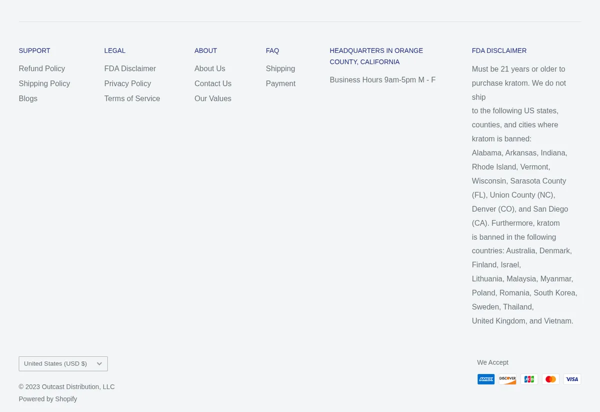 The foot of the February 2023 home page: Headquarters in Orange County, California; an FDA Disclaimer column saying buyers must be 21 or older to purchase kratom and listing states, counties, cities and countries where it is banned; and a copyright line for Outcast Distribution, LLC, powered by Shopify.