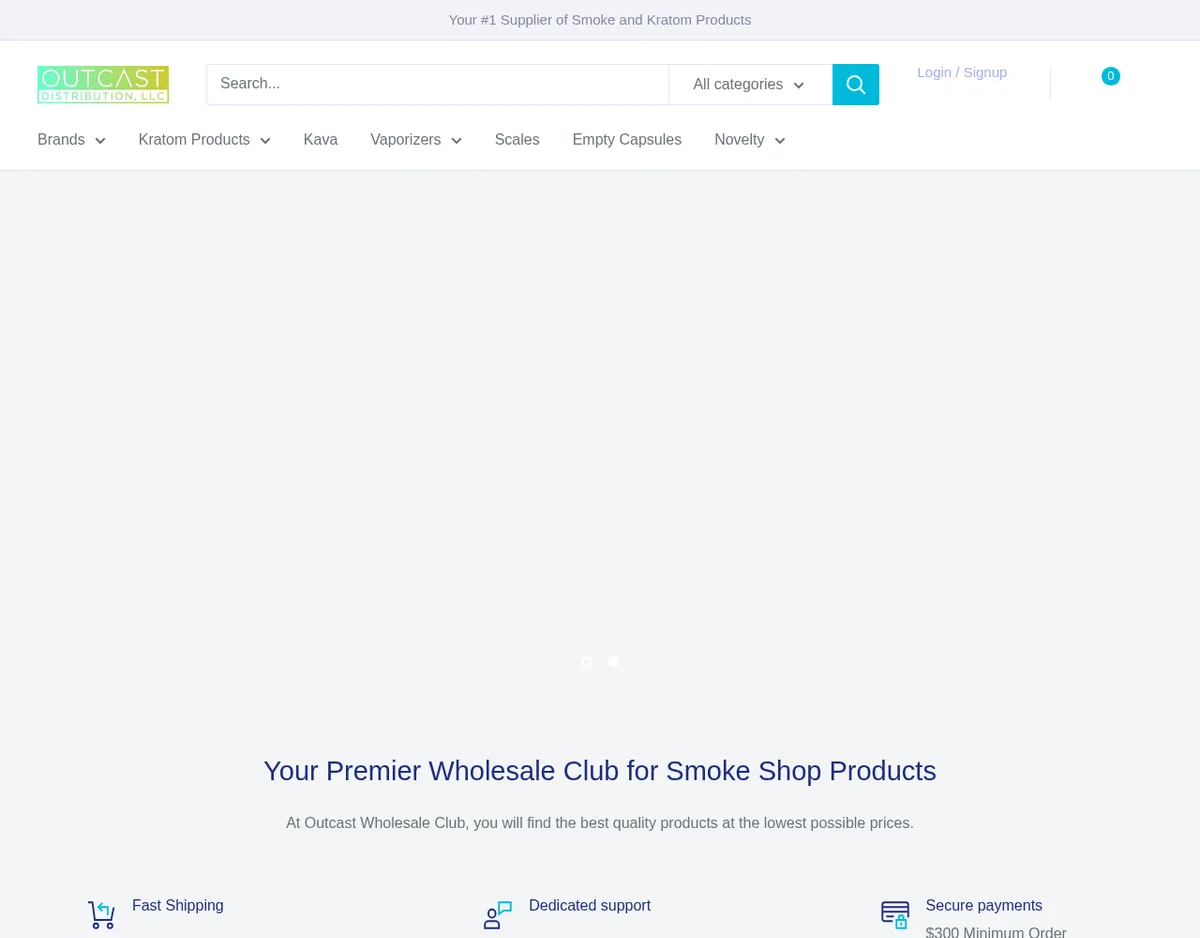 The outcastwholesaleclub.com home page in February 2023: a strip reading Your #1 Supplier of Smoke and Kratom Products, an OUTCAST DISTRIBUTION, LLC logo, a menu of Brands, Kratom Products, Kava, Vaporizers, Scales, Empty Capsules and Novelty, and the heading Your Premier Wholesale Club for Smoke Shop Products.