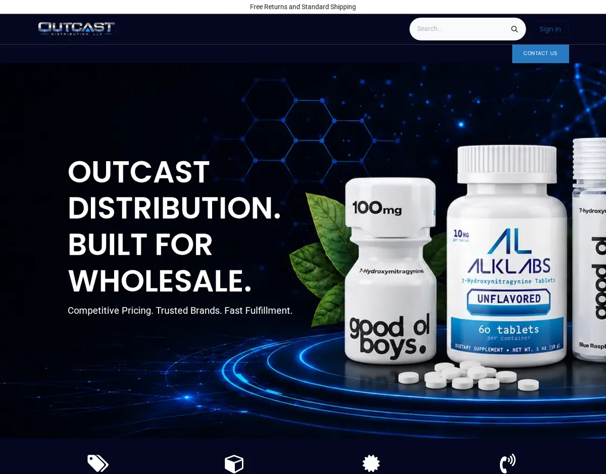 The wholesale club home page in October 2026: OUTCAST DISTRIBUTION. BUILT FOR WHOLESALE. Competitive Pricing. Trusted Brands. Fast Fulfillment., beside a photograph of white tablet bottles labelled 7-Hydroxymitragynine, among them an AlkLabs bottle of 60 tablets at 10 mg marked Dietary Supplement and a 100 mg Good Ol Boys bottle.