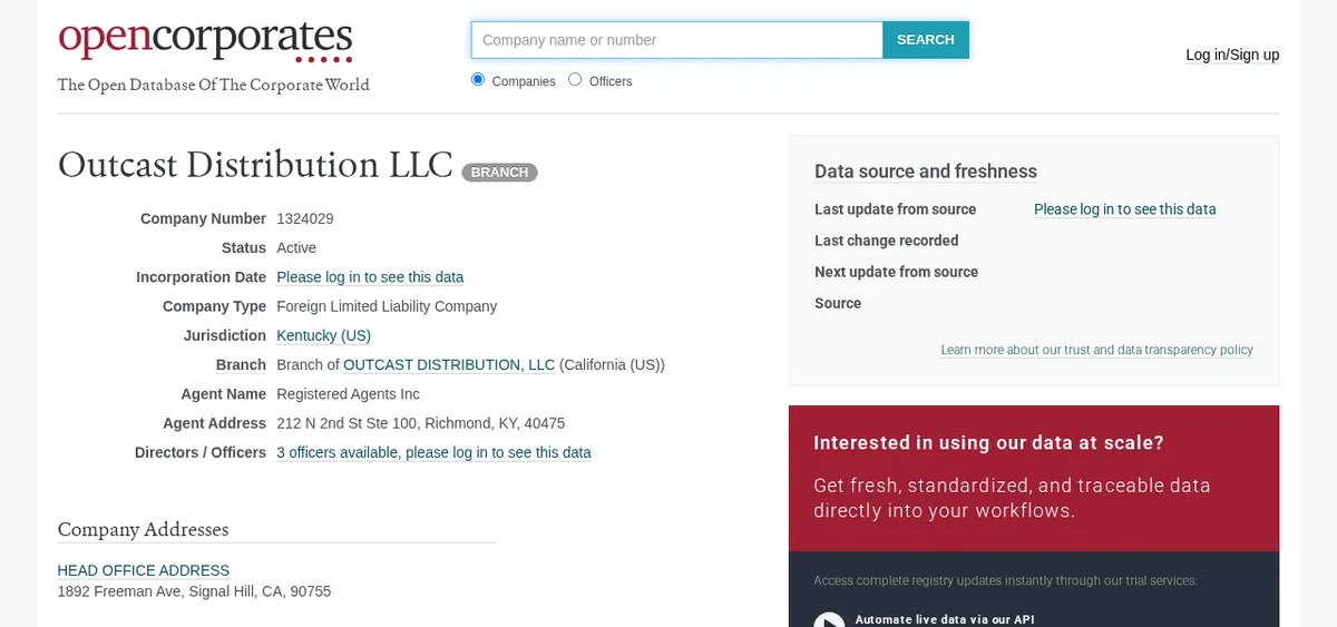 The OpenCorporates entry for Outcast Distribution LLC in Kentucky: company number 1324029, Active, a foreign limited liability company, a branch of the California company, agent Registered Agents Inc, and a head office address of 1892 Freeman Ave, Signal Hill, CA 90755.