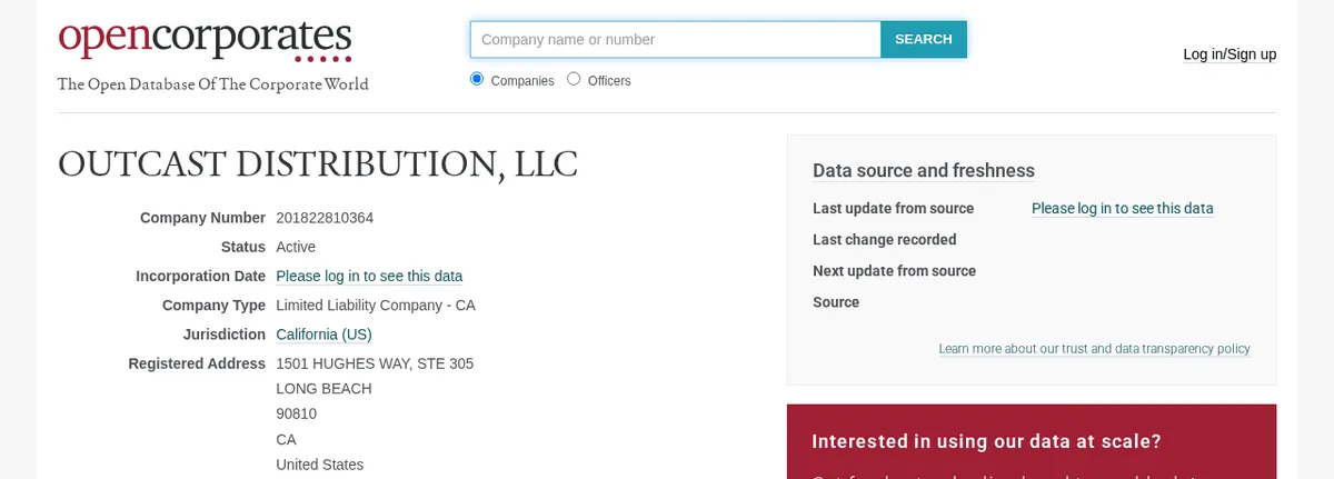 The OpenCorporates entry for OUTCAST DISTRIBUTION, LLC: company number 201822810364, status Active, a California limited liability company, registered address 1501 Hughes Way, Ste 305, Long Beach, CA 90810.