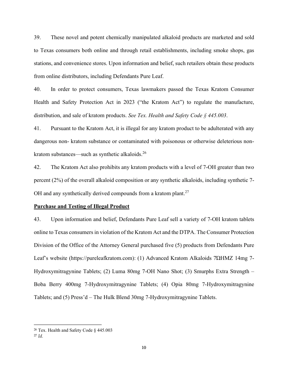Page 10 of the Texas petition: paragraph 39 says the products are sold through smoke shops, gas stations and convenience stores which, on information and belief, obtain them from online distributors including Defendants Pure Leaf; paragraphs 40 to 42 summarise the Texas Kratom Act; paragraph 43 lists the five products the State bought.