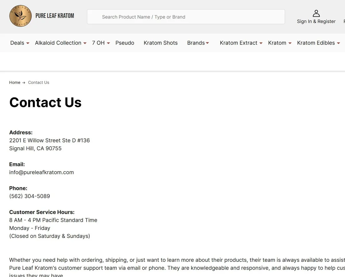 A screenshot of the pureleafkratom.com contact page: the Pure Leaf Kratom logo, a menu of Deals, Alkaloid Collection, 7 OH, Pseudo, Kratom Shots, Brands, Kratom Extract, Kratom and Kratom Edibles, and the address 2201 E Willow Street Ste D #136, Signal Hill, CA 90755.