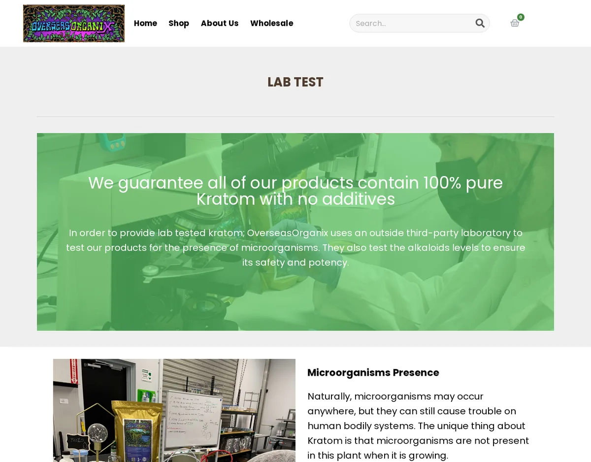 The Overseas Organix Lab Test page in April 2022: a banner photograph of a person in a lab coat and mask at a microscope, overlaid with We guarantee all of our products contain 100% pure Kratom with no additives, and a paragraph saying an outside third-party laboratory tests for microorganisms and alkaloid levels.