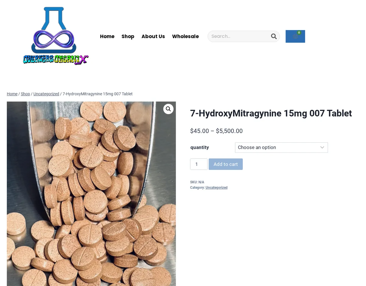 A product page headed 7-HydroxyMitragynine 15mg 007 Tablet, with a photograph of a scoop of round tan scored tablets, a quantity selector and an Add to cart button, under a new logo of a flask holding an infinity sign.