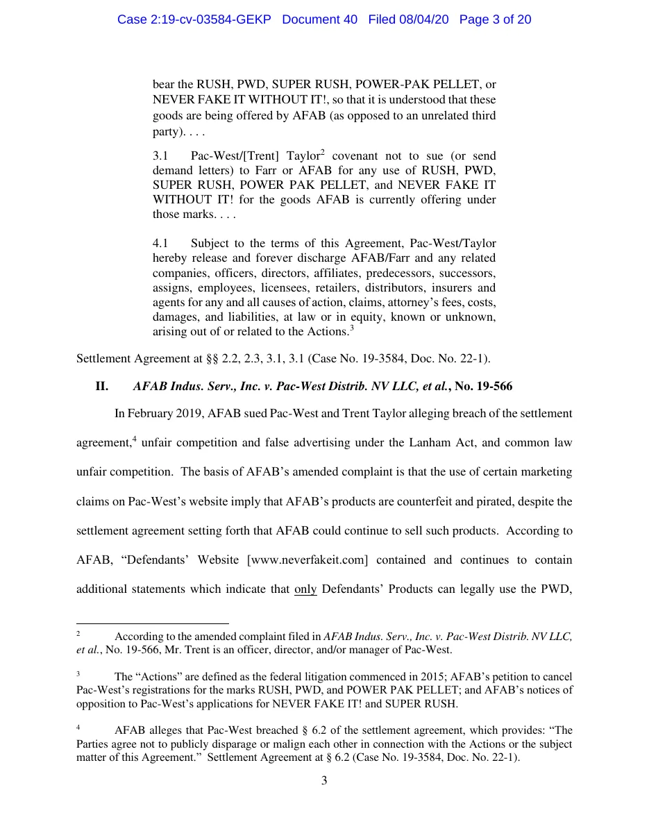 Page 3 of the August 4, 2020 memorandum in Pac-West v. AFAB: settlement clauses 3.1 and 4.1, a covenant not to sue and a release, and a section on AFAB's 2019 suit over statements on www.neverfakeit.com.