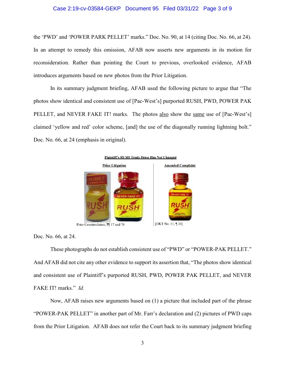 Page 3 of the March 2022 memorandum on reconsideration, reproducing AFAB's exhibit headed Plaintiff's RUSH Trade Dress Has Not Changed: two yellow Rush bottles from the prior litigation and one from Pac-West's amended complaint.