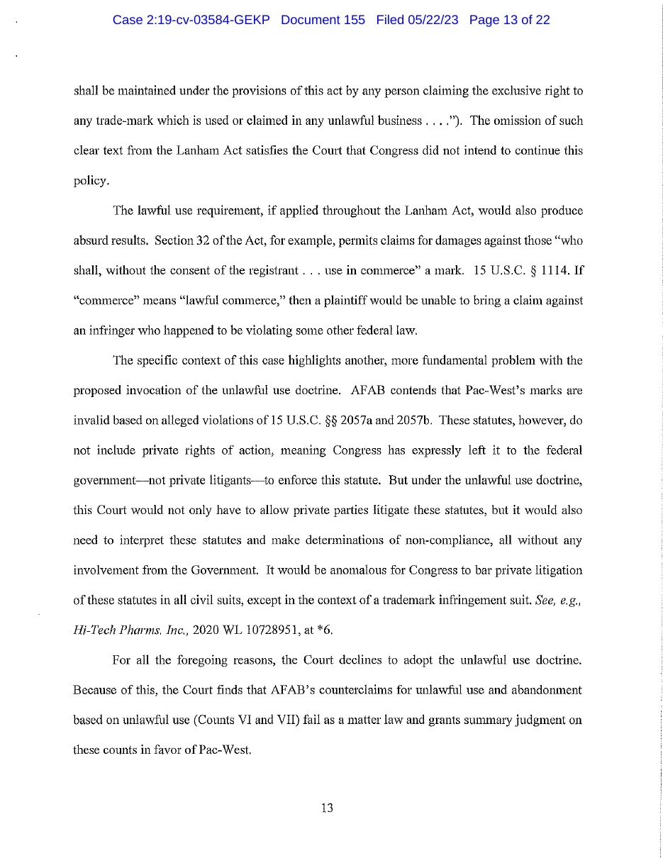 Page 13 of the May 2023 memorandum: the court notes that 15 U.S.C. 2057a and 2057b have no private right of action and declines to adopt the unlawful use doctrine, granting summary judgment to Pac-West on AFAB's unlawful use counterclaims.
