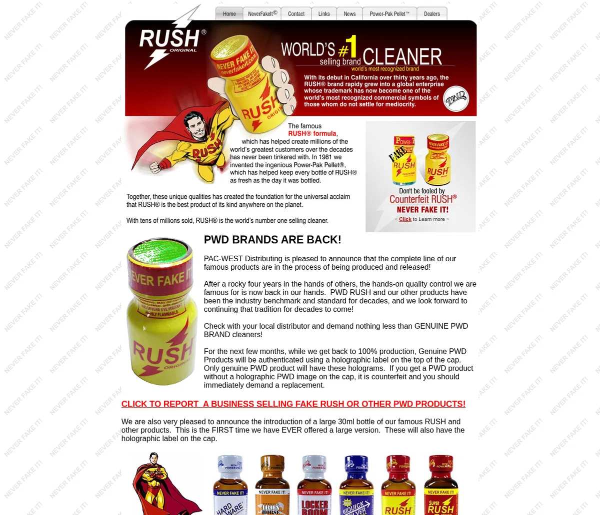The neverfakeit.com home page in October 2014: a Rush Original logo, a banner reading World's number one selling brand cleaner, a cartoon superhero in a Rush costume, a yellow Rush bottle with a Never Fake It cap, a Don't be fooled by counterfeit Rush panel, and the heading PWD Brands Are Back above text from Pac-West Distributing.