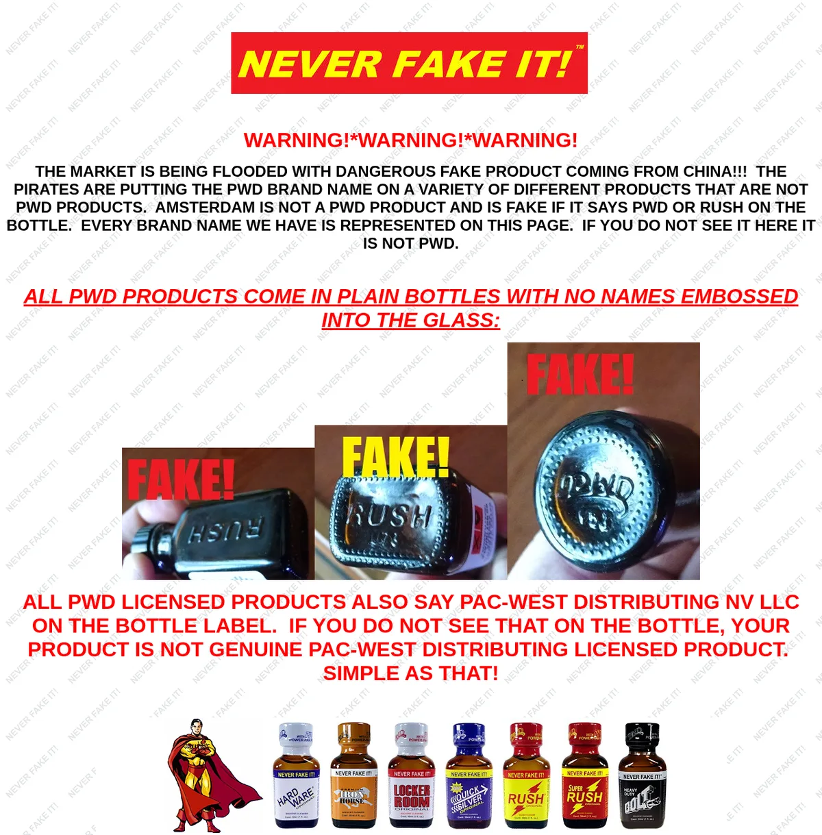 The home page in October 2016: Never Fake It, a triple warning that fake product is flooding in from China and that Amsterdam is not a PWD product, three photos of bottles embossed RUSH or PWD stamped FAKE, a line that licensed products say Pac-West Distributing NV LLC on the label, and the bottle line-up.