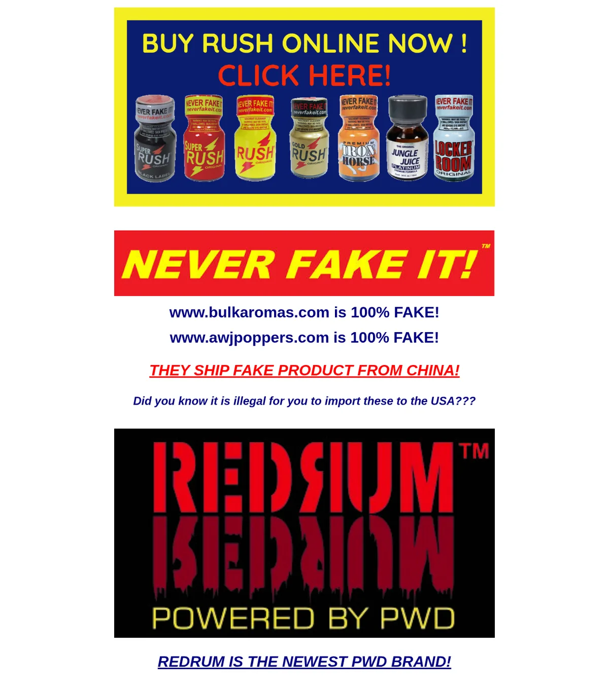 The top of the home page in November 2020: a Buy Rush Online Now banner showing Super Rush Black Label, Super Rush, Rush, Gold Rush, Iron Horse, Jungle Juice Platinum and Locker Room bottles; Never Fake It; two websites named as 100 percent fake; and a Redrum logo, Powered by PWD, the newest PWD brand.