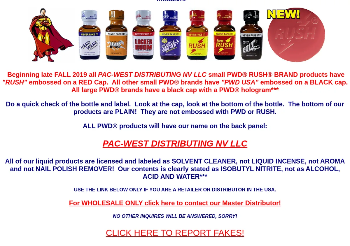 A section of the November 2020 home page: the bottle line-up and a new red Rush cap, the cap rules from late fall 2019, the instruction to find Pac-West Distributing NV LLC on the back panel, and the sentence that all liquid products are labelled solvent cleaner and their contents clearly stated as isobutyl nitrite.