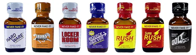 Seven brown 30 ml bottles in a row with Never Fake It neck bands: Hard Ware, Iron Horse, Locker Room Original, Quick Silver, Rush Original, Super Rush and Heavy Duty Bolt, each labelled solvent cleaner.