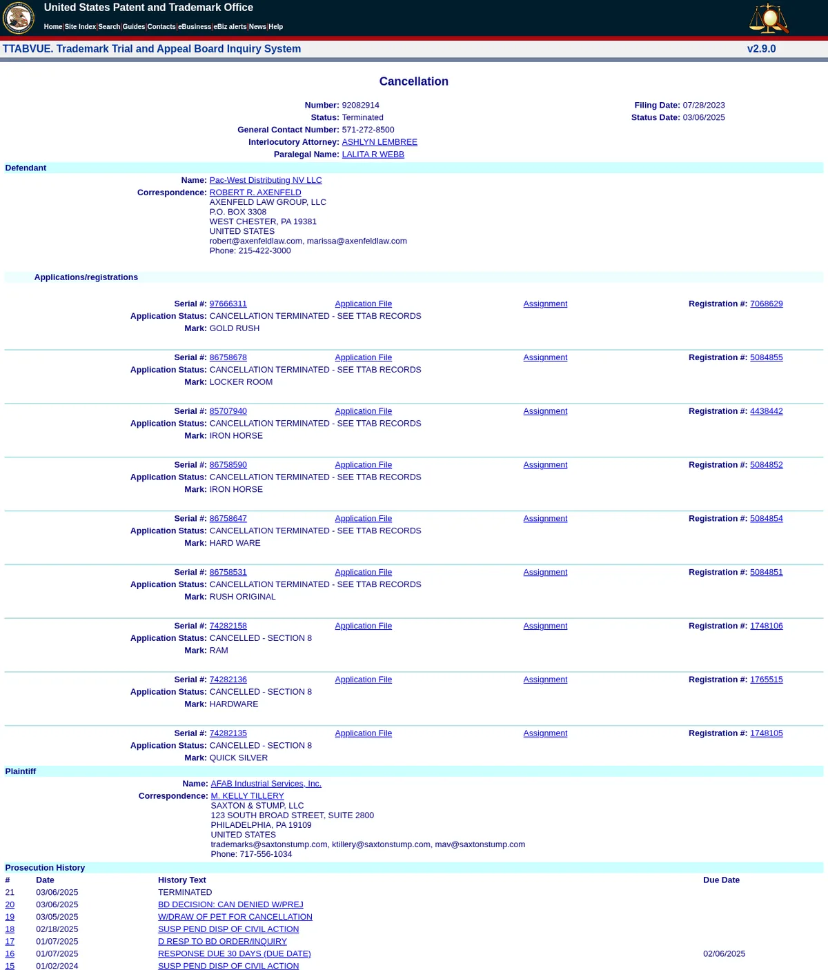 The TTABVUE page for cancellation 92082914, filed July 28, 2023 by AFAB Industrial Services against Pac-West Distributing NV LLC's Gold Rush, Locker Room, Iron Horse, Hard Ware, Rush Original, Ram, Hardware and Quick Silver registrations, with a history ending in suspension for a civil action, withdrawal of the petition and a board decision denying cancellation with prejudice on March 6, 2025.