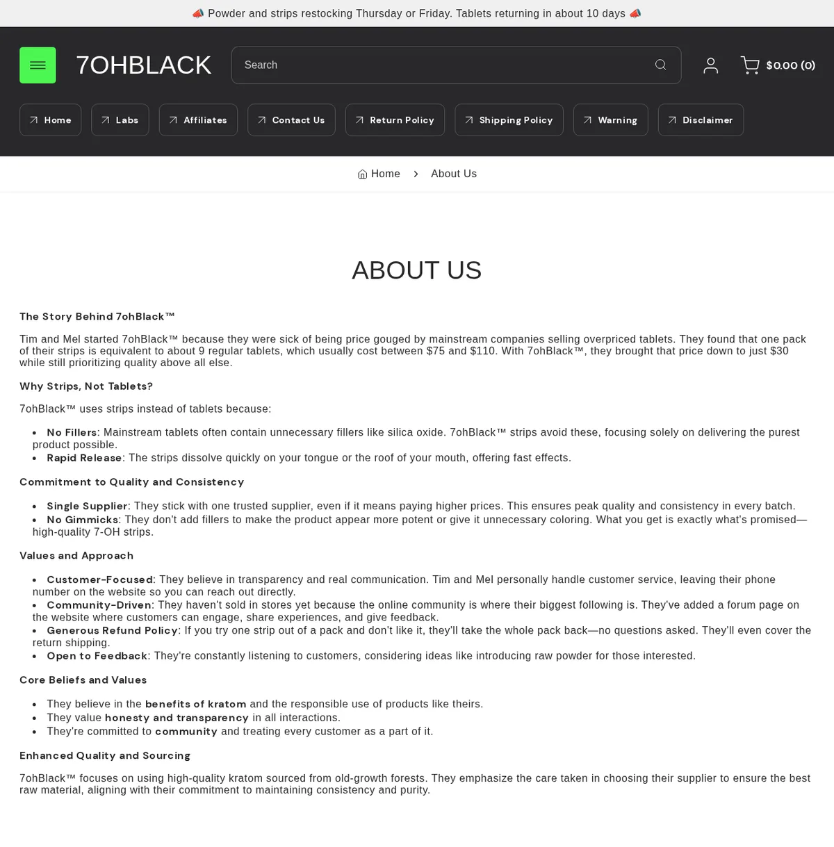 7ohBlack's About Us page with a banner reading Powder and strips restocking Thursday or Friday, and sections headed The Story Behind 7ohBlack, Why Strips, Not Tablets?, and Commitment to Quality and Consistency, the last including Single Supplier: They stick with one trusted supplier.