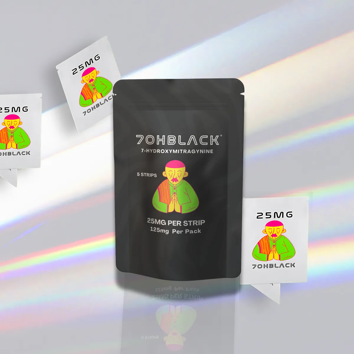 A black pouch printed 7OHBLACK, 25MG PER STRIP, 125mg per pack, with two small white sachets carrying a cartoon character and 25MG.