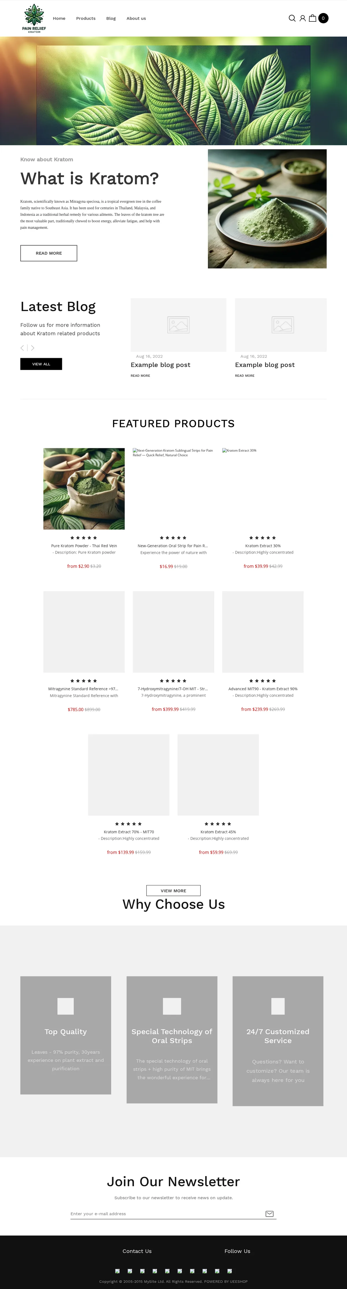 The Pain Relief Kratom home page in March 2024: a banner of kratom leaves, a What is Kratom? panel, blog cards dated Aug 16, 2022 reading Example blog post, and featured products including a New-Generation Oral Strip for Pain Relief, kratom extracts at 30, 45, 70 and 90 percent, a mitragynine reference standard and 7-Hydroxymitragynine. The footer reads Copyright 2005-2015 MySite Ltd, Powered by Ueeshop.