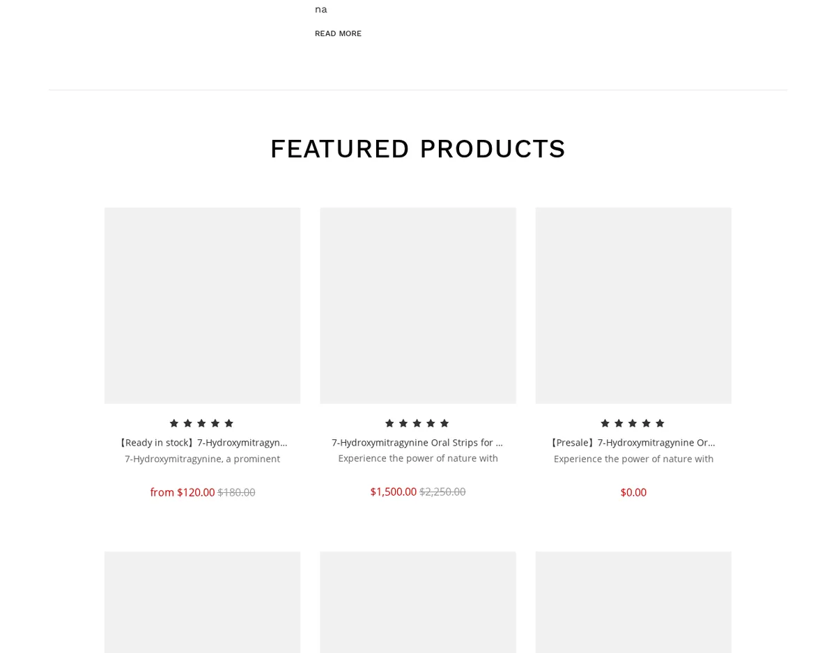 The featured products row in September 2024, without photographs: Ready in stock 7-Hydroxymitragynine, 7-Hydroxymitragynine Oral Strips, and a Presale 7-Hydroxymitragynine oral strip, followed by kratom extract 70 percent, kratom extract 50 percent and Thai red vein powder.