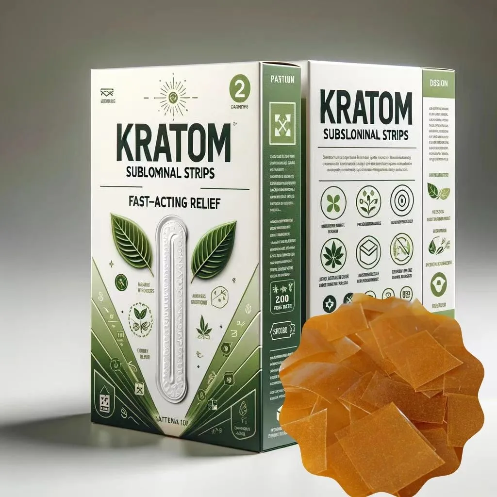 A rendered retail box in green and white reading KRATOM SUBLOMNAL STRIPS, FAST-ACTING RELIEF on the front and KRATOM SUBSLONINAL STRIPS on the side, with a fan of amber strips in front of it.