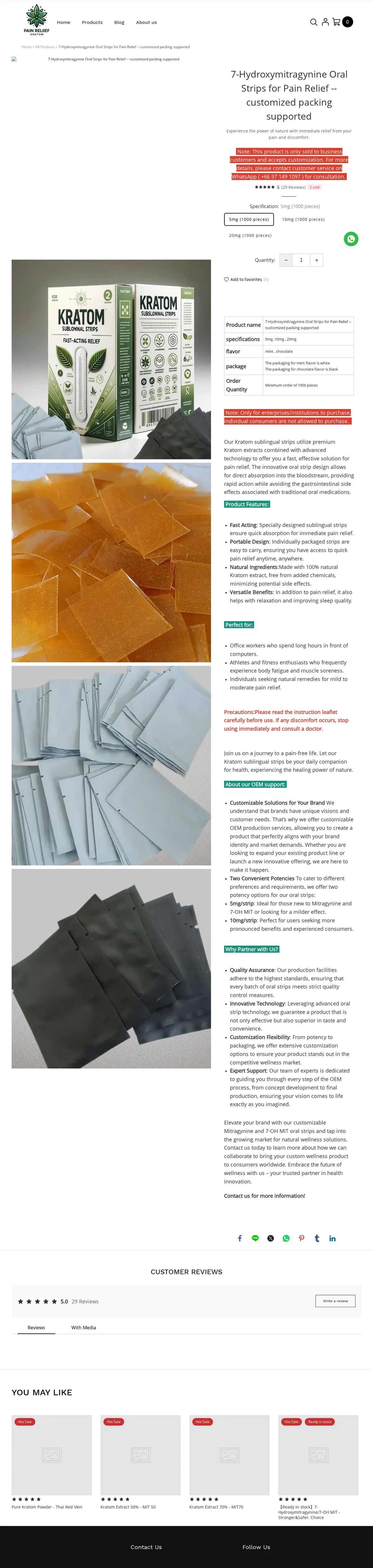 The strips product page: title 7-Hydroxymitragynine Oral Strips for Pain Relief, customized packing supported; a red notice that the product is only sold to business customers; specification buttons for 5mg, 10mg and 20mg in packs of 1000; a table giving the flavours mint and chocolate, white packaging for mint and black for chocolate, and a minimum order of 1000 pieces; photographs of a printed box, amber strips, and plain white and plain black sachets.