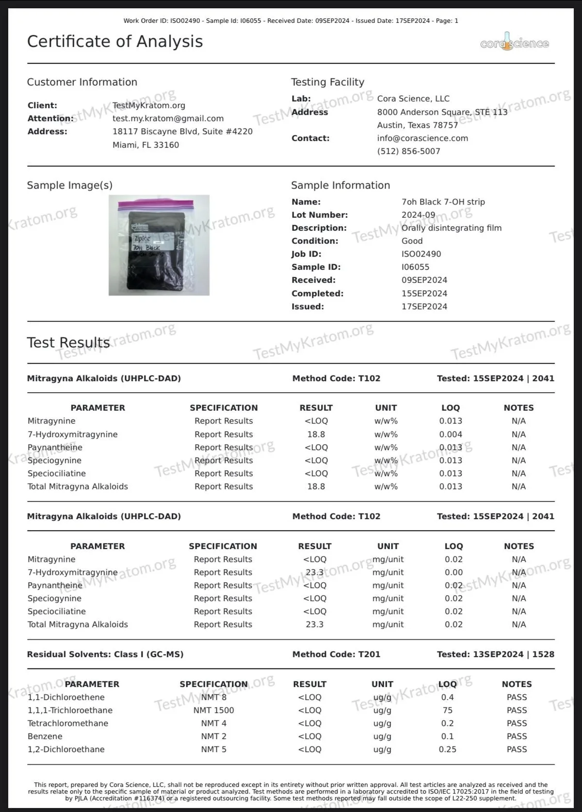 A Cora Science certificate of analysis for TestMyKratom.org: sample 7oh Black 7-OH strip, lot 2024-09, orally disintegrating film, received 9 September 2024, issued 17 September 2024, with a photo of a black sachet in a zip bag.