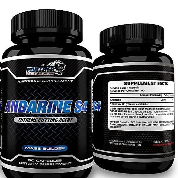 A product image of Andarine S4 by Panther Sports Nutrition: the front label reads Hardcore Supplement, Andarine S4, Extreme Cutting Agent, Mass Builder, 90 capsules, dietary supplement; the back shows a Supplement Facts panel listing andarine, a suggested use of one capsule daily, and Manufactured and Distributed by Panther Sports Nutrition, Garfield, NJ 07026.