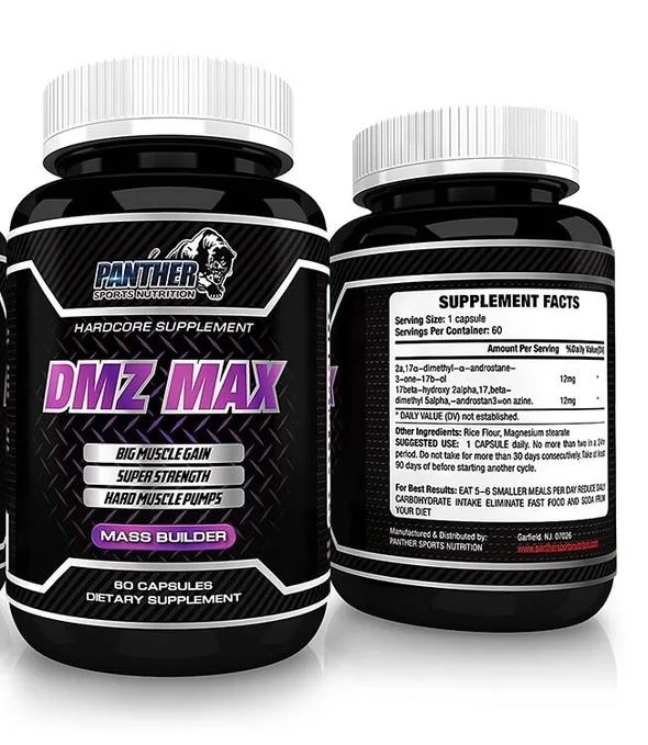 A product image of DMZ Max by Panther Sports Nutrition: the front label reads Hardcore Supplement, DMZ Max, Big Muscle Gain, Super Strength, Hard Muscle Pumps, Mass Builder, 60 capsules, dietary supplement; the Supplement Facts panel lists two compounds by chemical name, the second ending in androstan-3-one azine.