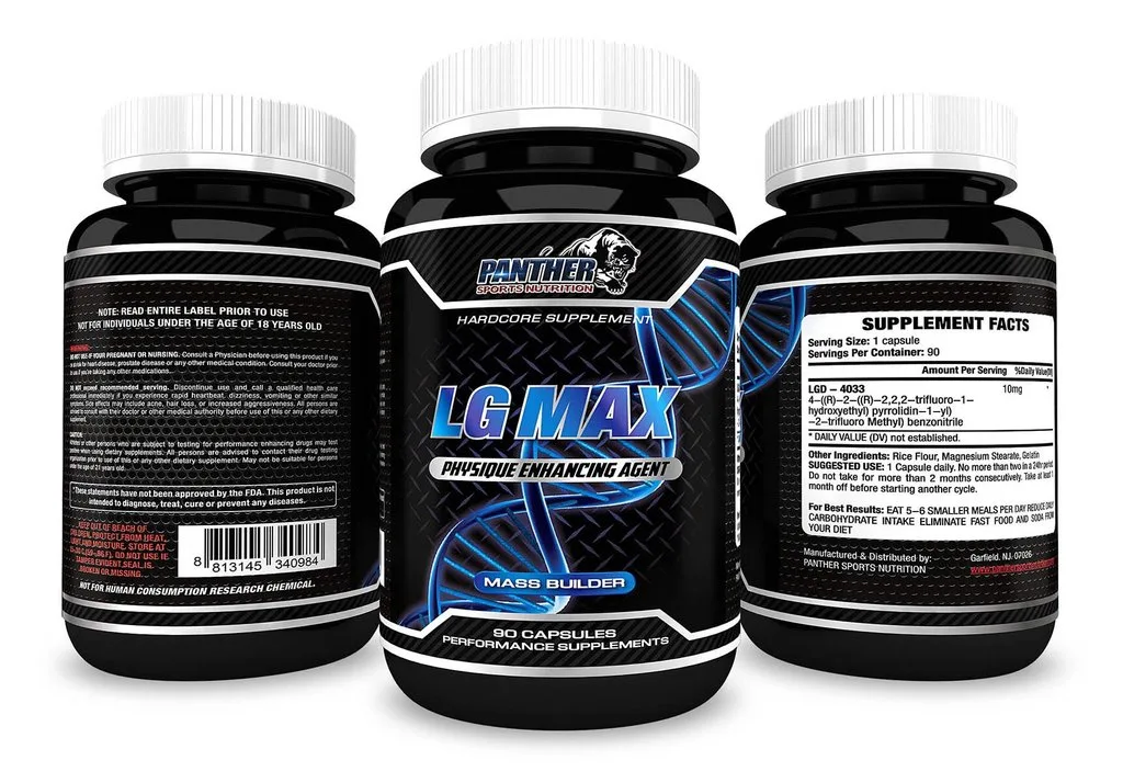 A product image of LG Max by Panther Sports Nutrition, three views of one bottle: the front reads Hardcore Supplement, LG Max, Physique Enhancing Agent, Mass Builder, 90 capsules, performance supplements; the left panel ends Not for human consumption research chemical; the right panel lists LGD-4033 by chemical name in a Supplement Facts panel.