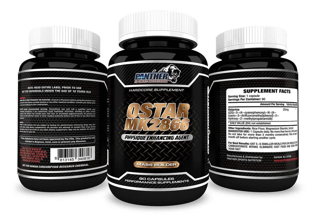 A product image of Ostar MK2866 by Panther Sports Nutrition, three views of one bottle: the front reads Hardcore Supplement, Ostar MK2866, Physique Enhancing Agent, Mass Builder, 90 capsules, performance supplements; the left panel ends Not for human consumption research chemical; the right panel is a Supplement Facts panel listing ostarine by chemical name with a suggested use of one capsule daily.