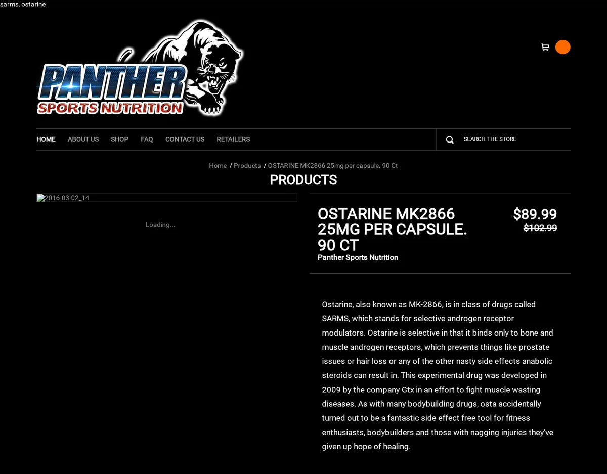 The OSTARINE MK2866 25mg per capsule, 90 count product page in July 2016, under the Panther Sports Nutrition logo of a crouching panther: a paragraph calling ostarine a SARM that binds only to bone and muscle androgen receptors, developed by GTx to fight muscle wasting, and saying it turned out to be a fantastic side effect free tool for fitness enthusiasts and bodybuilders.