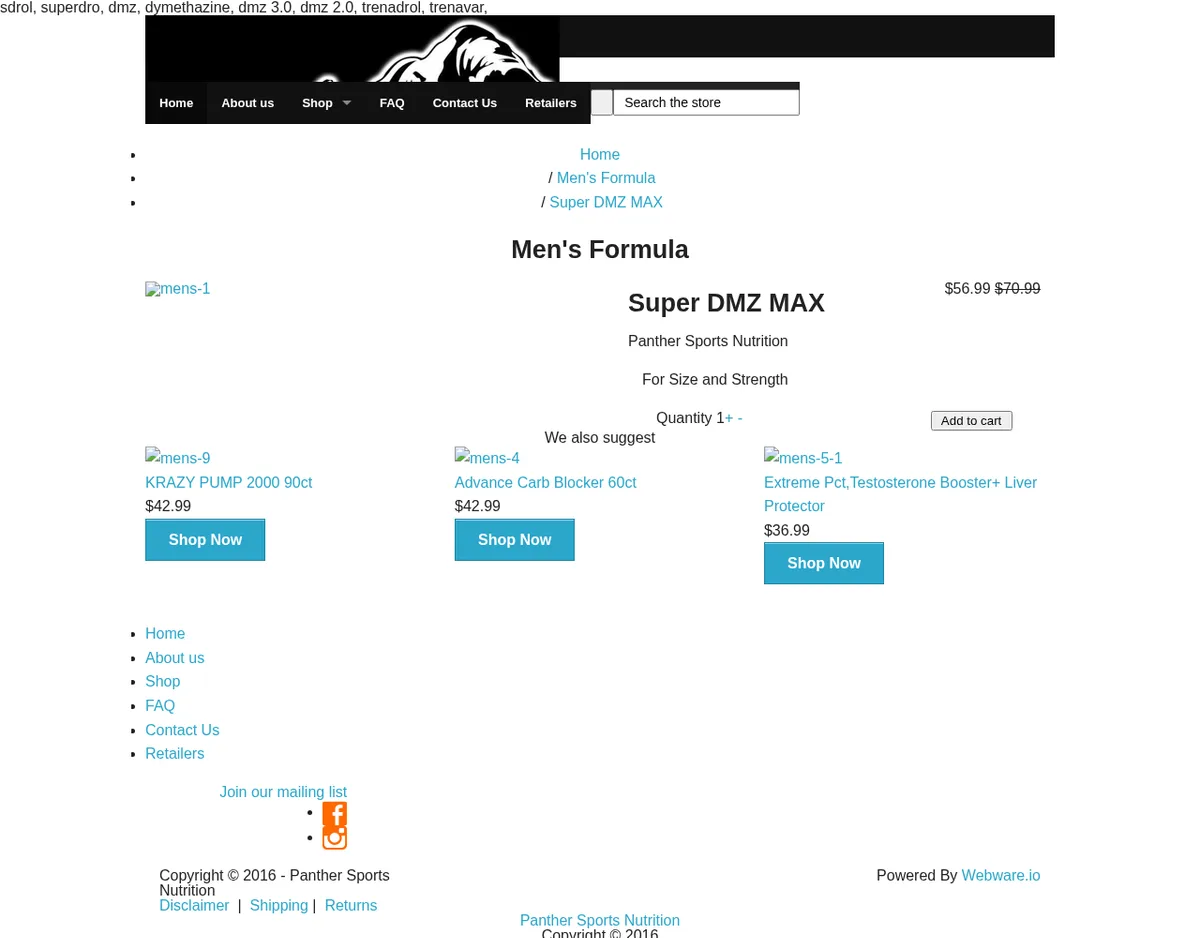 The Super DMZ MAX product page of Panther Sports Nutrition in March 2016: a line of search keywords at the top reading sdrol, superdro, dmz, dymethazine, dmz 3.0, dmz 2.0, trenadrol, trenavar; the menu Home, About us, Shop, FAQ, Contact Us, Retailers; the product name, the brand, and the line For Size and Strength. The product photograph did not survive in the archive.