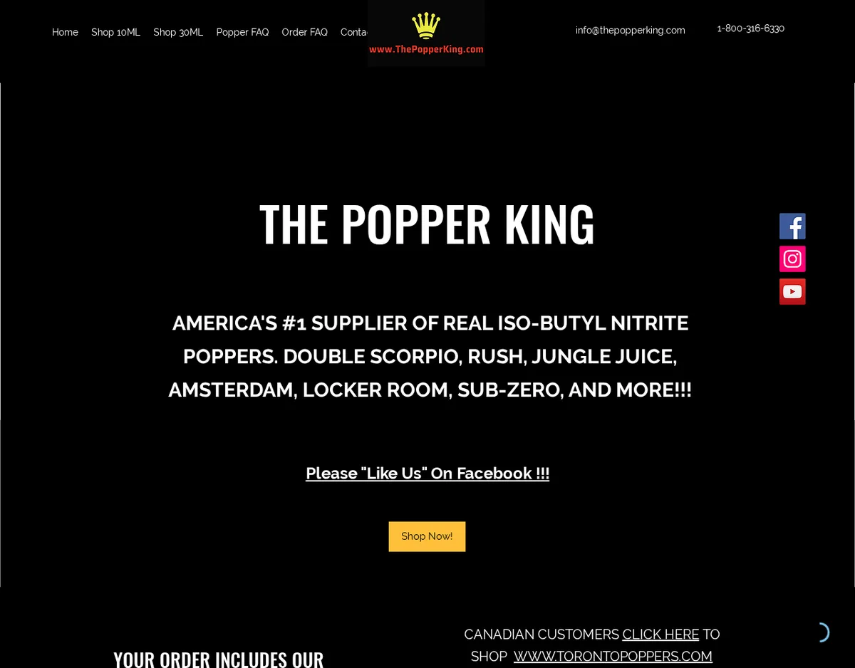 The Popper King home page in May 2020, a Wix site: a banner reading America's number one supplier of real iso butyl nitrite poppers, with Double Scorpio, Rush, Jungle Juice, Amsterdam, Locker Room and Sub Zero named beneath.