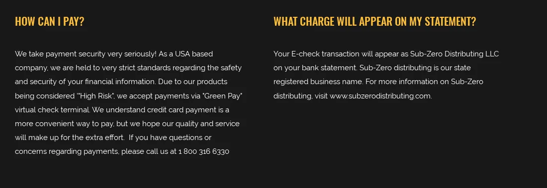 Part of the store's order FAQ in May 2020: payments by virtual check, and the answer that the e-check will appear as Sub Zero Distributing LLC on the buyer's bank statement because that is the store's state registered business name.