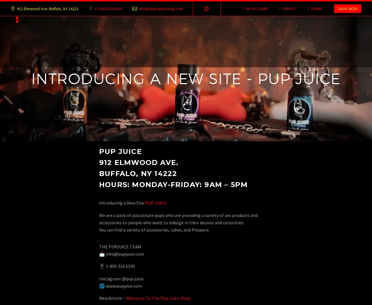 A May 2023 page on The Popper King's site: a header bar giving 912 Elmwood Ave, Buffalo, NY 14222, the 1-800 number and the store's email; a banner Introducing a new site, Pup Juice, over three Pup Juice bottles; and the Pup Juice address block, 912 Elmwood Ave, hours Monday to Friday, with the same 1-800 number.